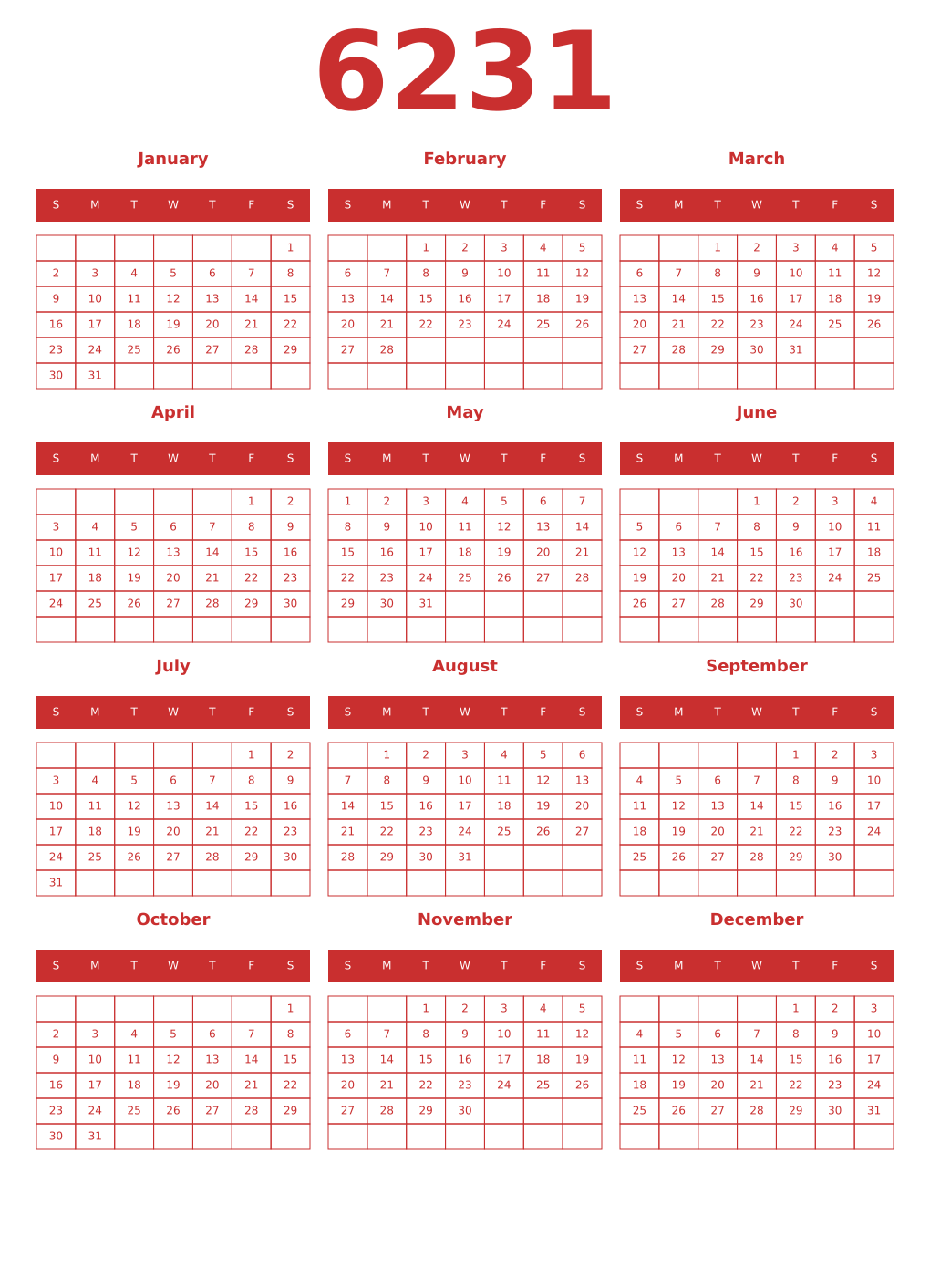 Printable 6231 Year Calendars red
