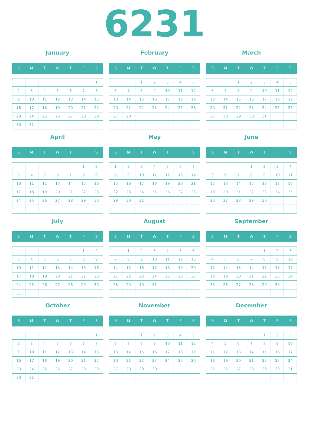 Printable 6231 Year Calendars verdigris