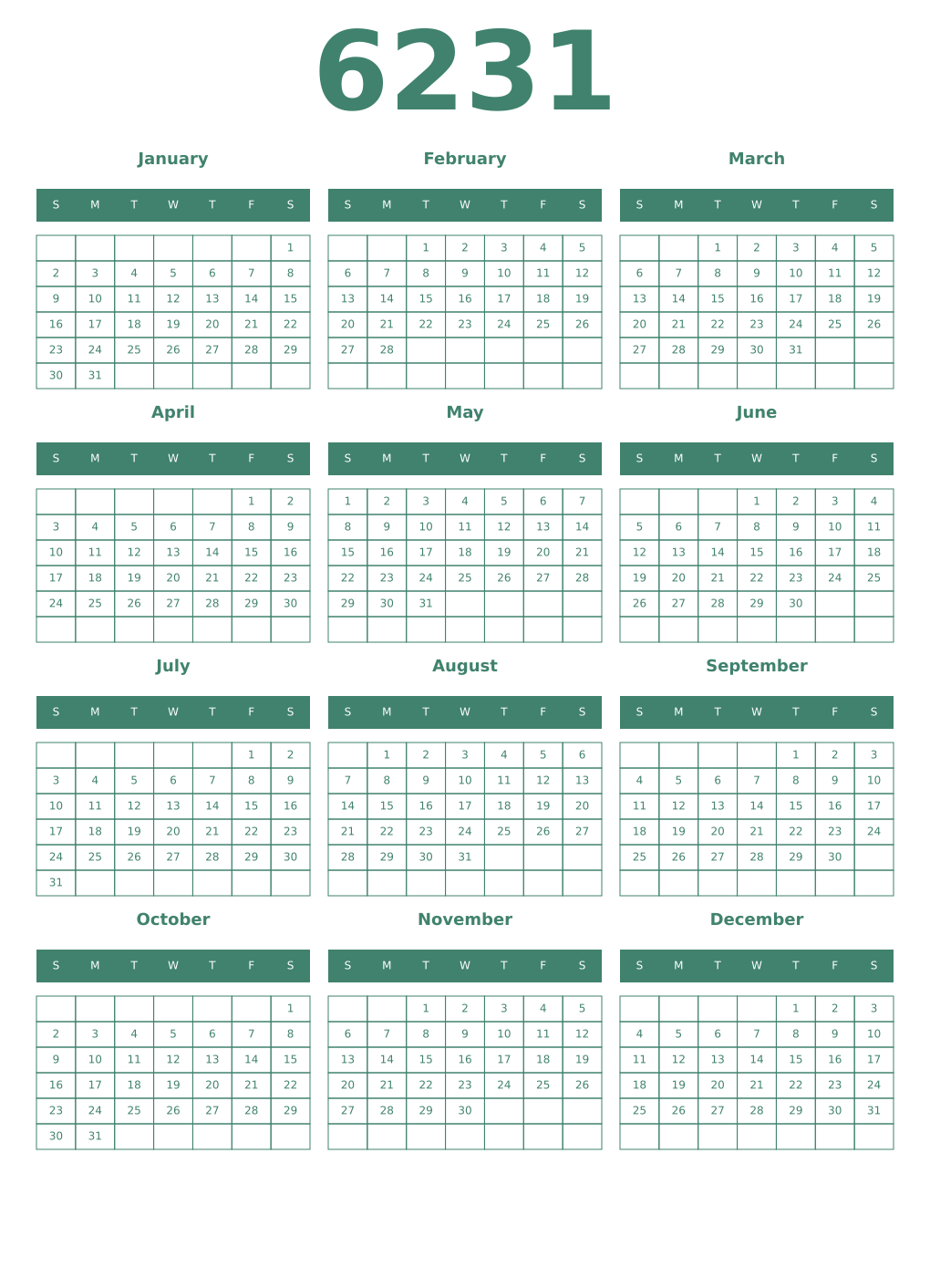 Printable 6231 Year Calendars viridian
