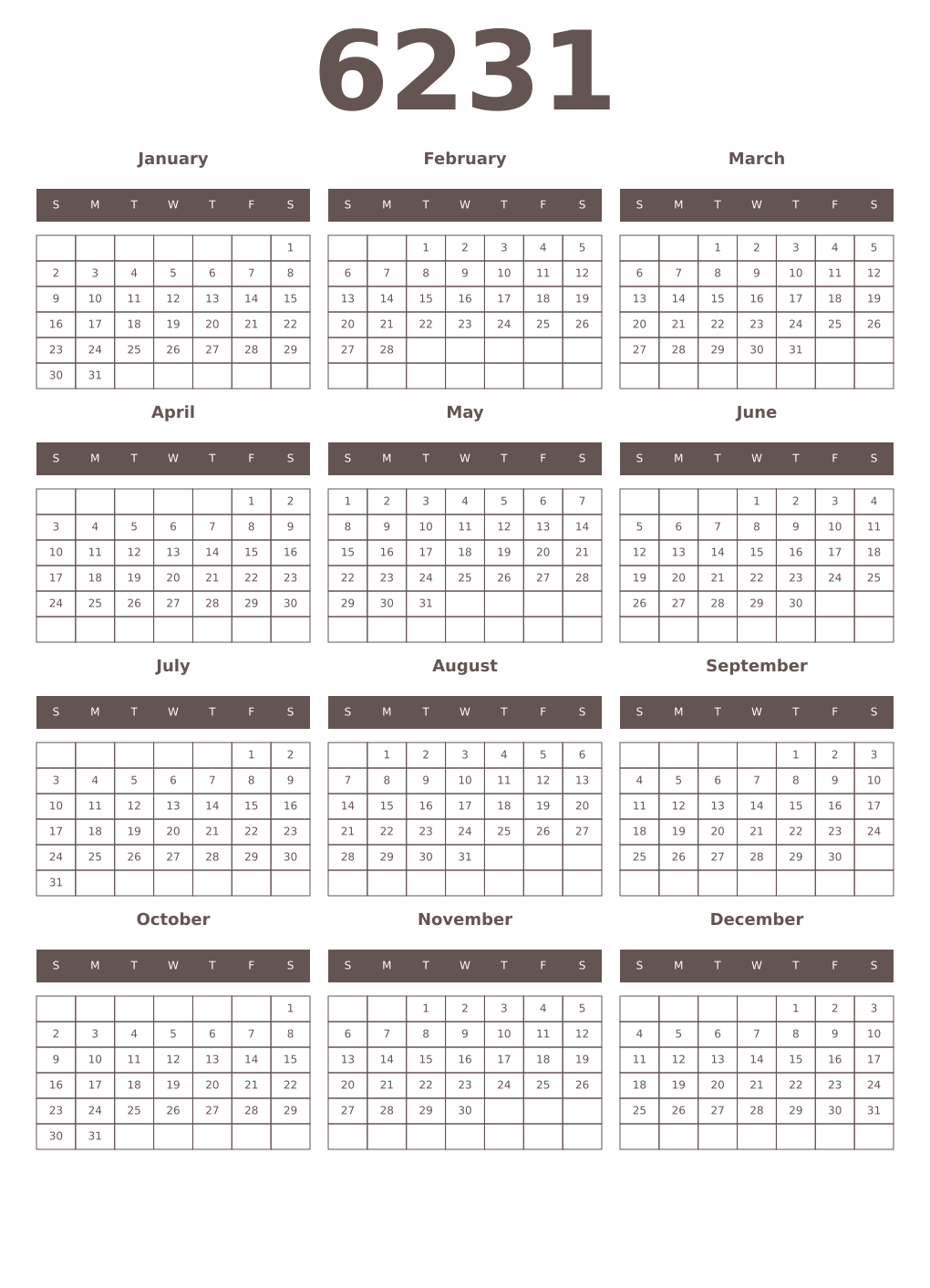 Printable 6231 Year Calendars wenge