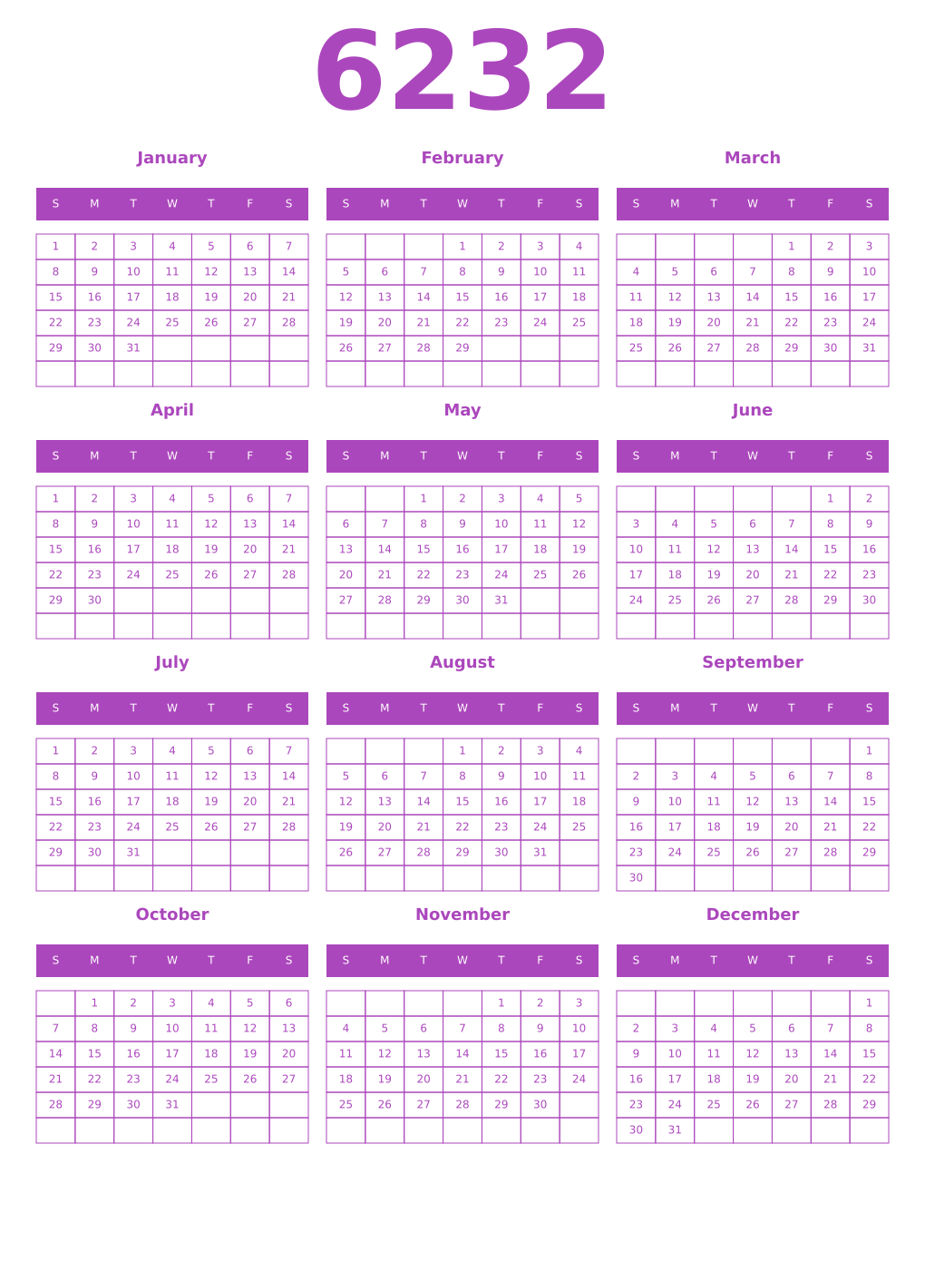 Printable 6232 Calendars