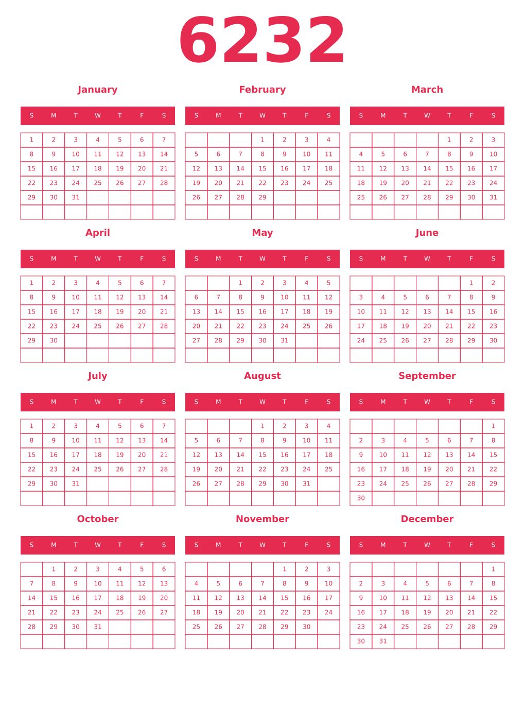 Printable 6232 Year Calendars amaranth