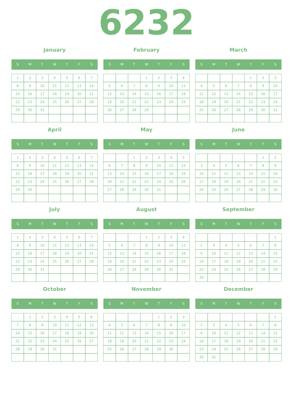 Printable 6232 Year Calendars celadon