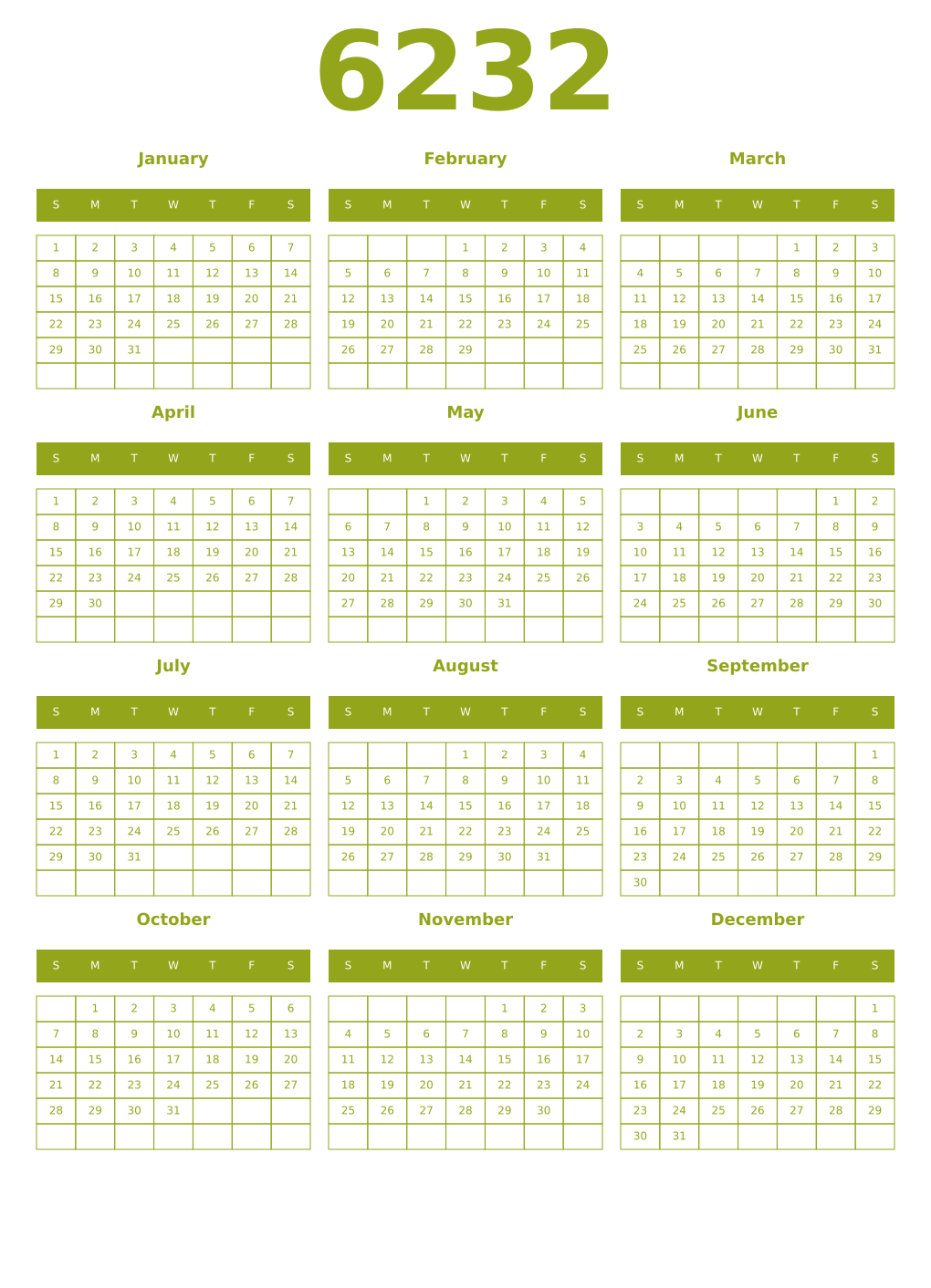 Printable 6232 Year Calendars chartreuse