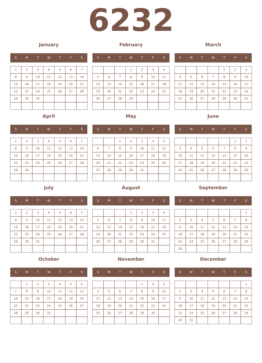 Printable 6232 Year Calendars coffe