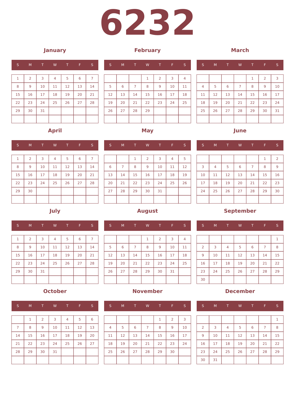 Printable 6232 Year Calendars cordovan