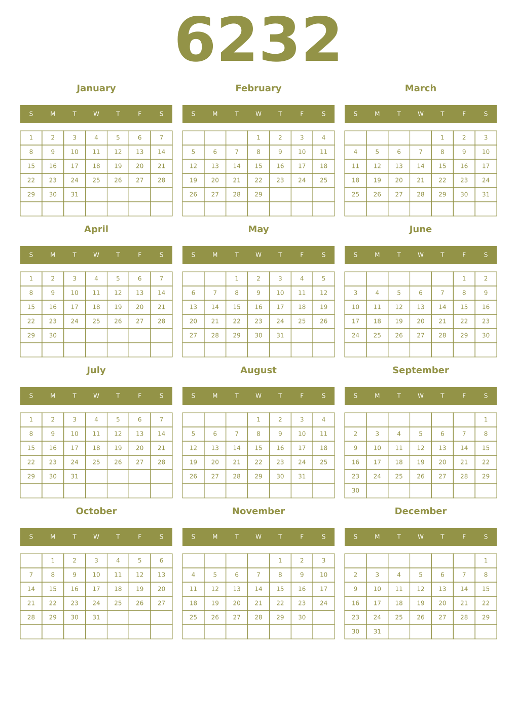 Printable 6232 Year Calendars eburnean