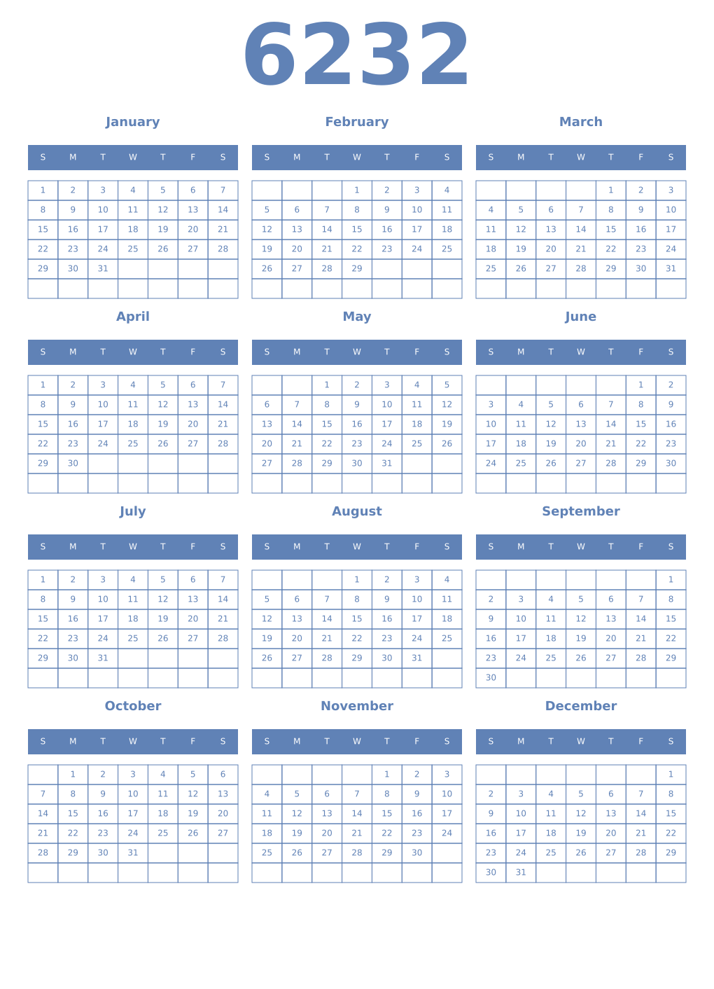 Printable 6232 Year Calendars glaucous