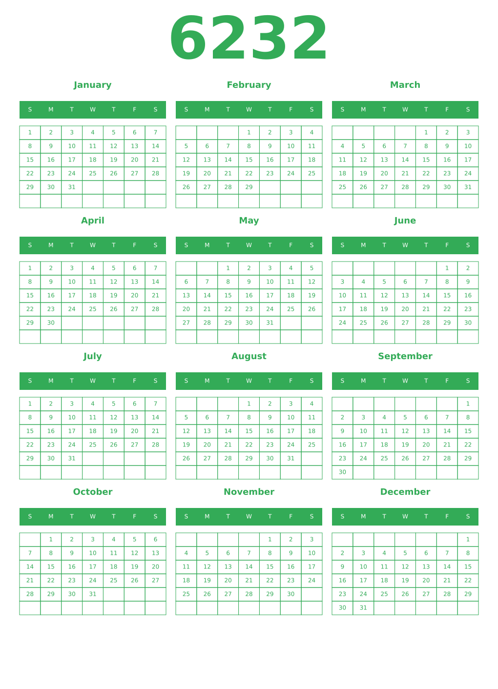 Printable 6232 Year Calendars green