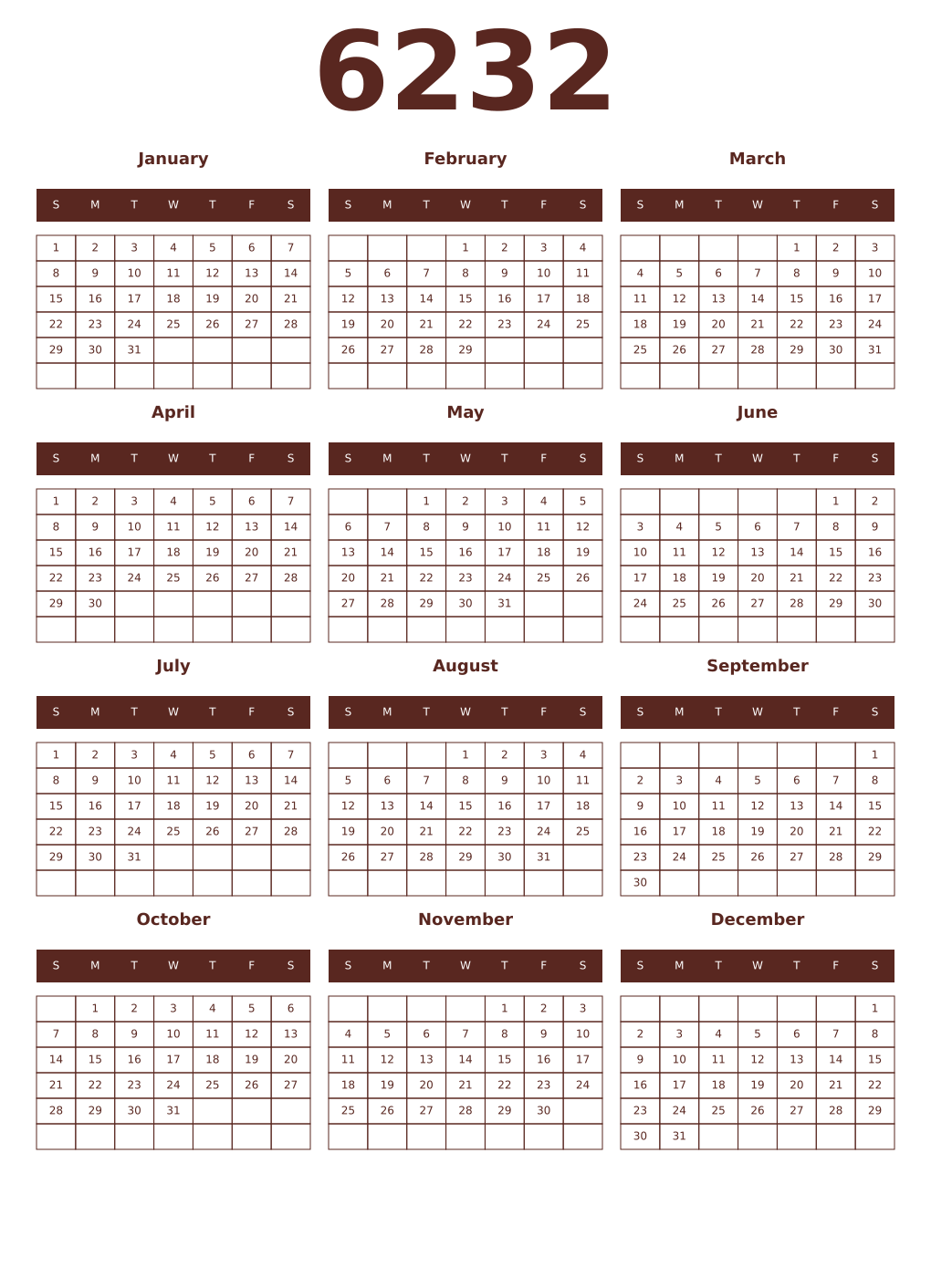 Printable 6232 Year Calendars mortuum