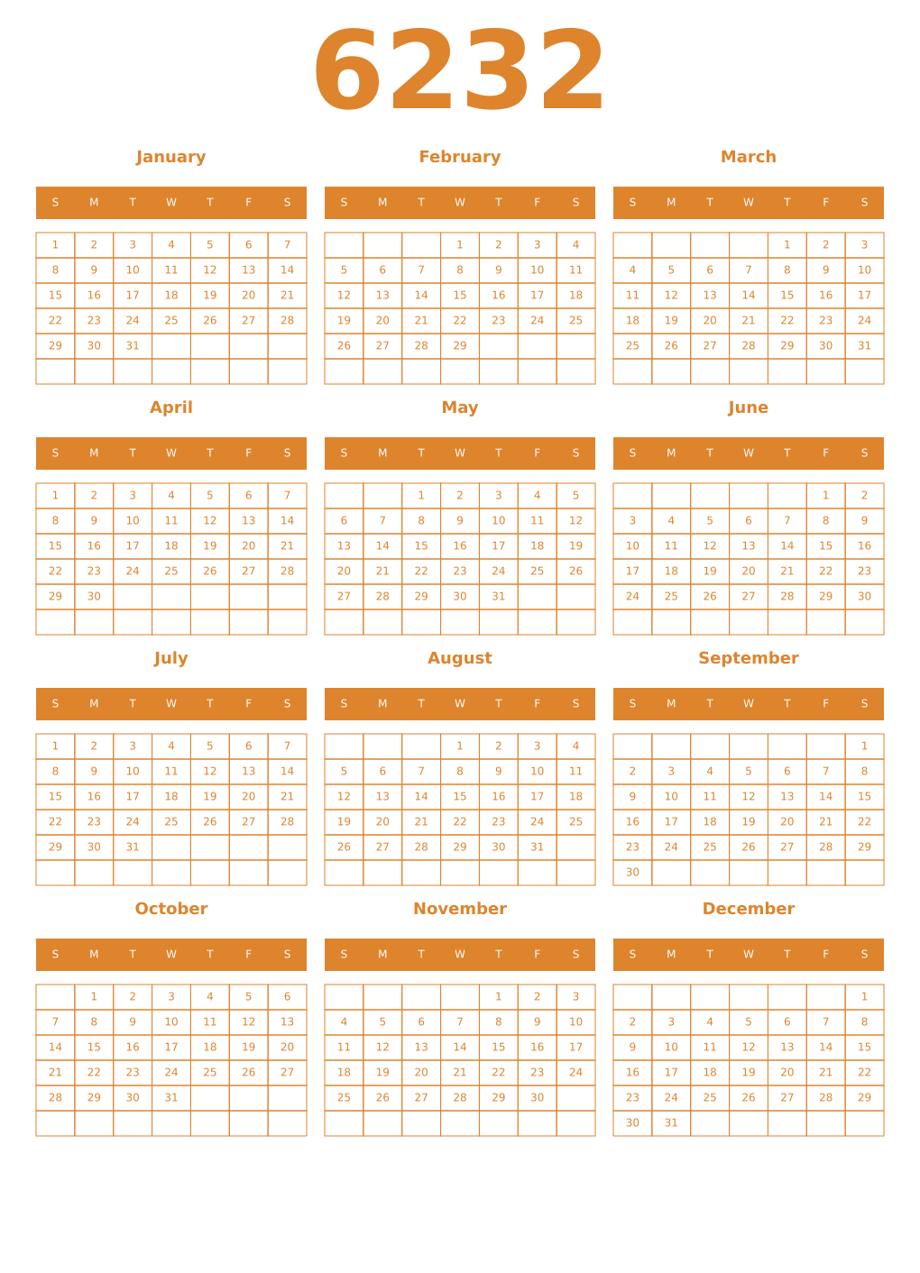 Printable 6232 Year Calendars orange