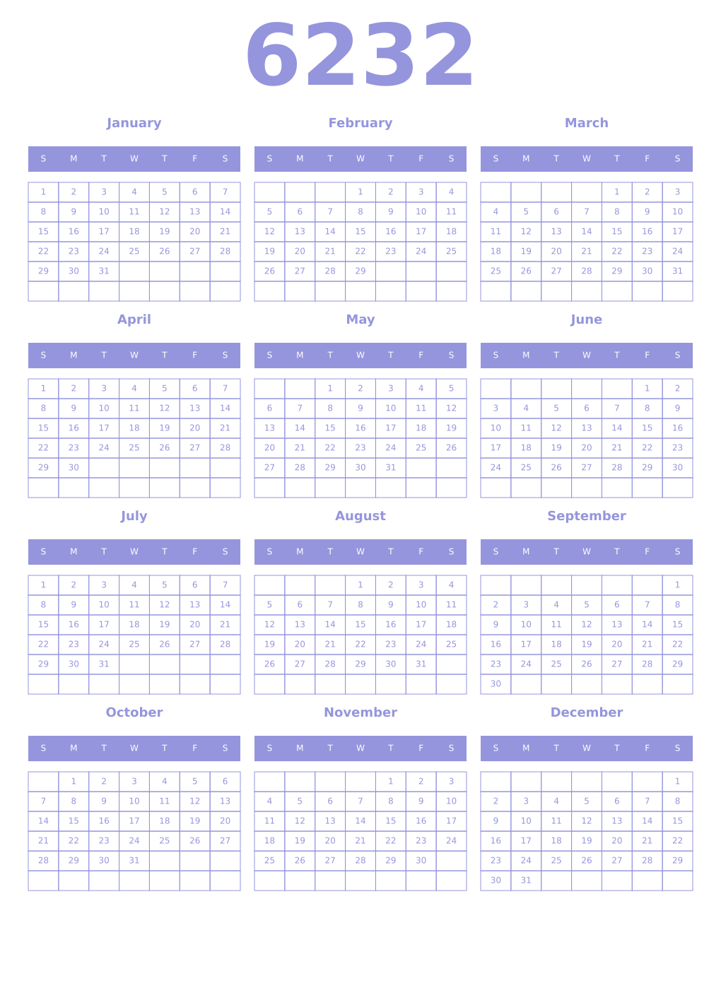 Printable 6232 Year Calendars periwinkle