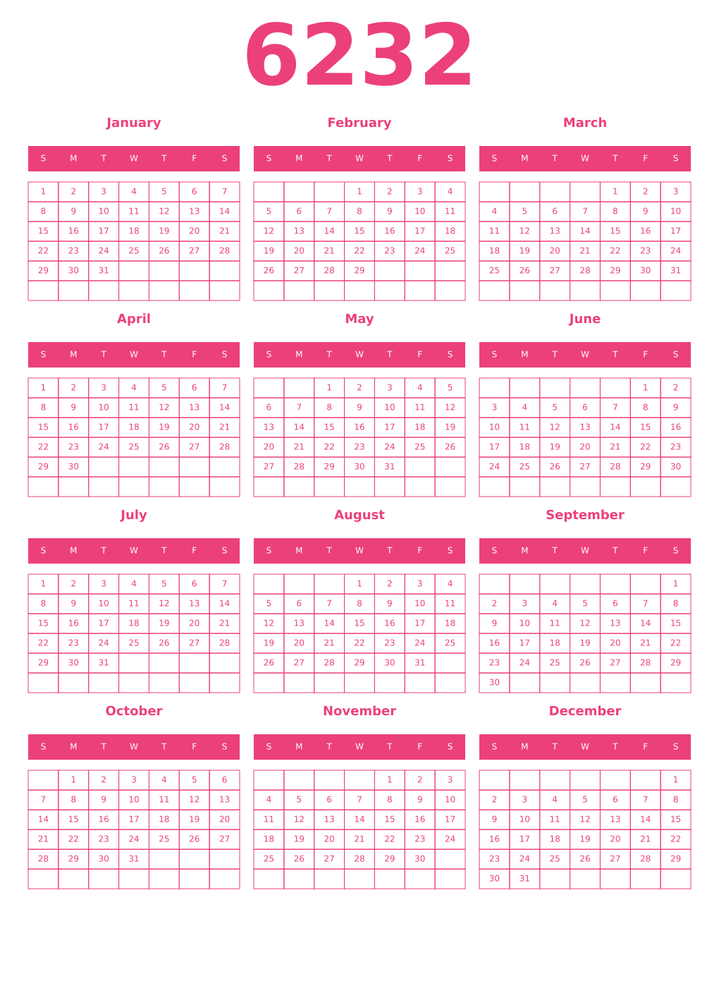 Printable 6232 Year Calendars pink