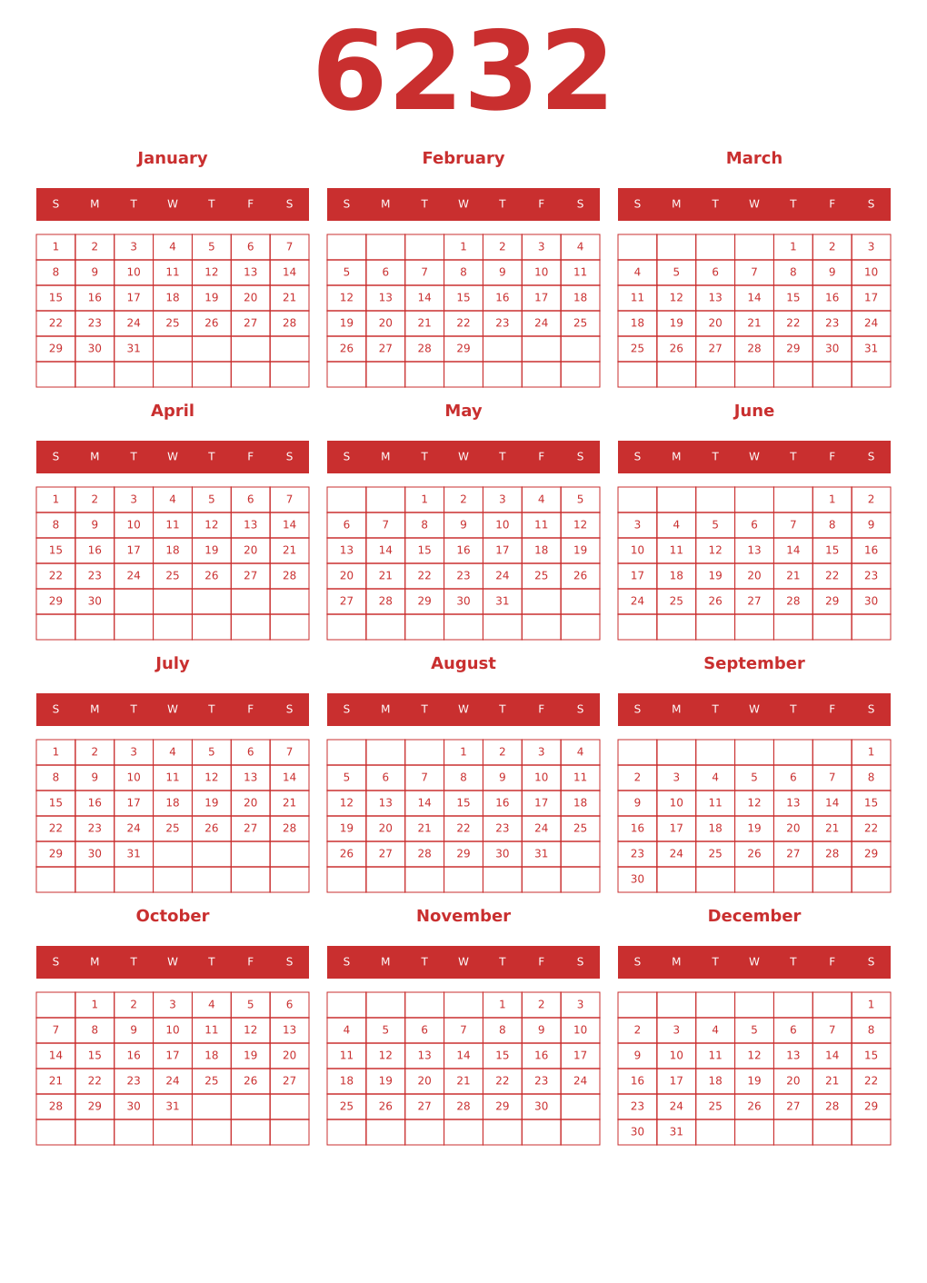 Printable 6232 Year Calendars red