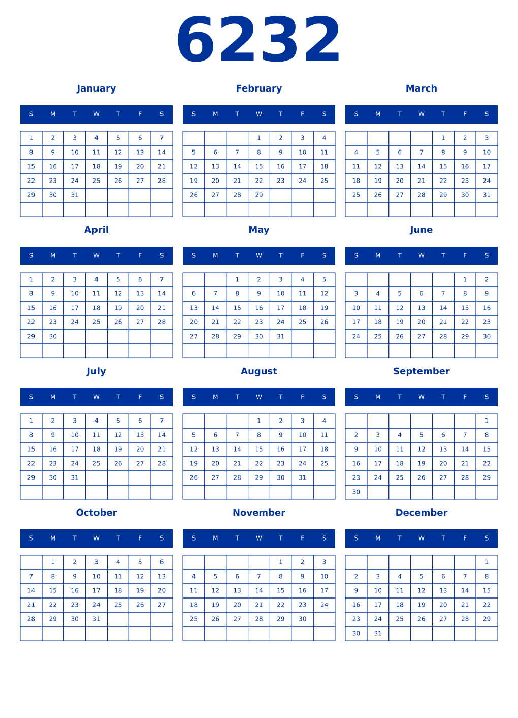 Printable 6232 Year Calendars smalt