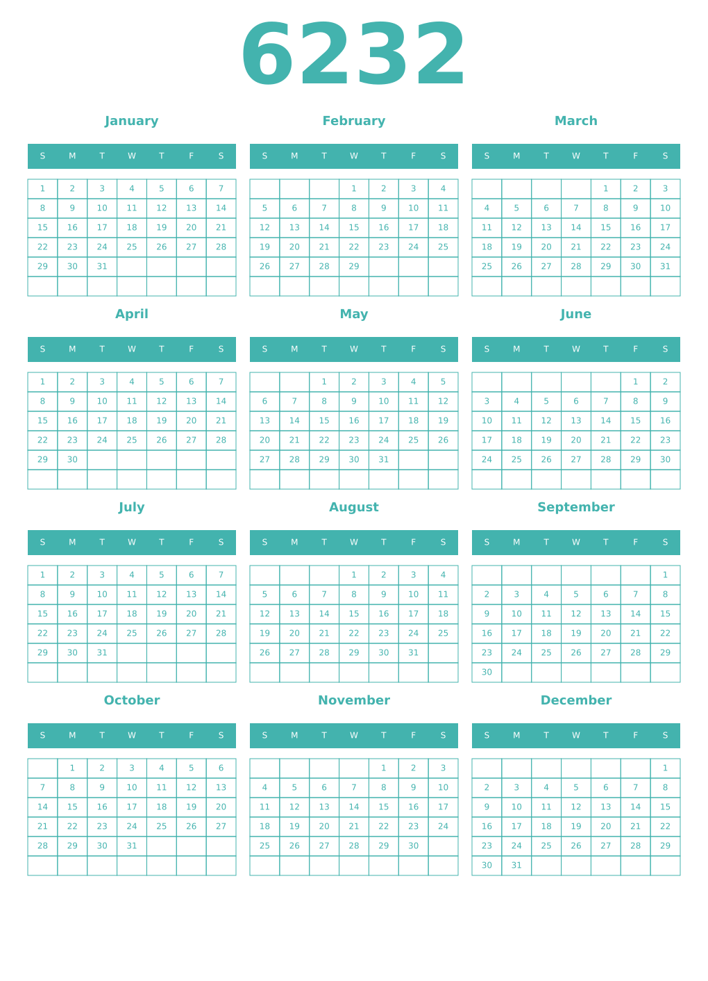 Printable 6232 Year Calendars verdigris
