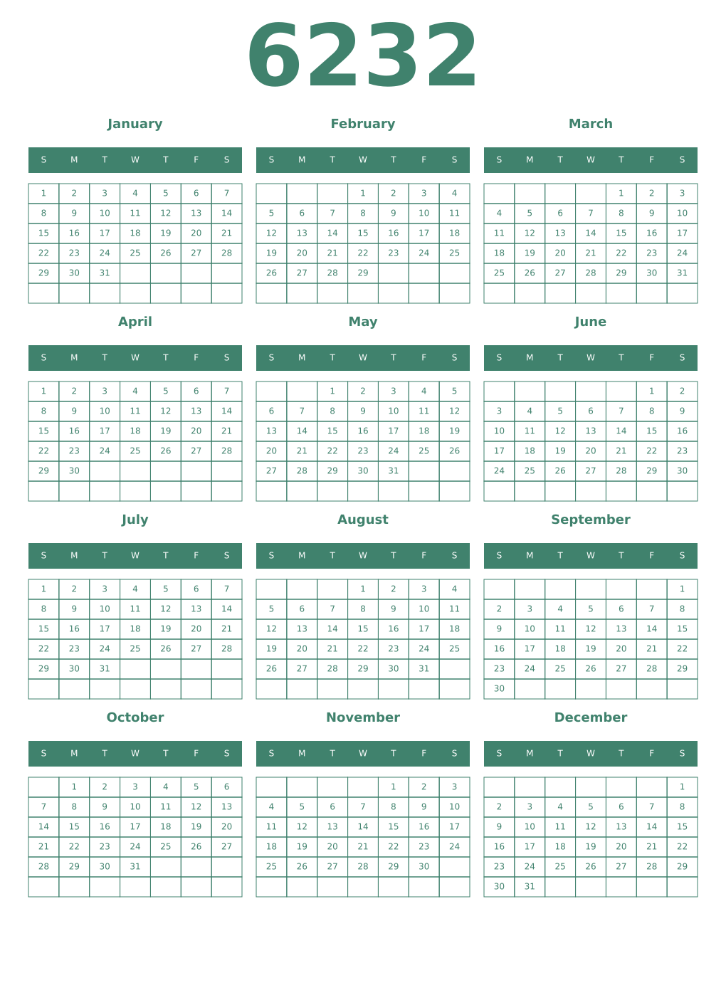 Printable 6232 Year Calendars viridian