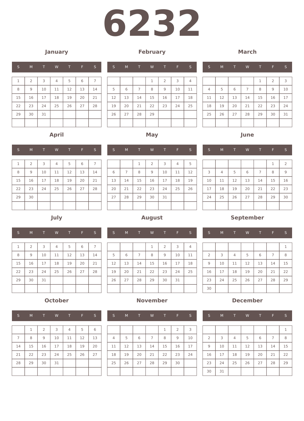 Printable 6232 Year Calendars wenge