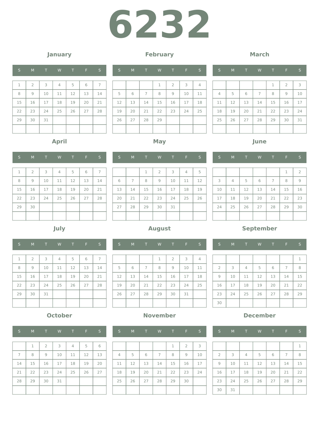 Printable 6232 Year Calendars xanadu