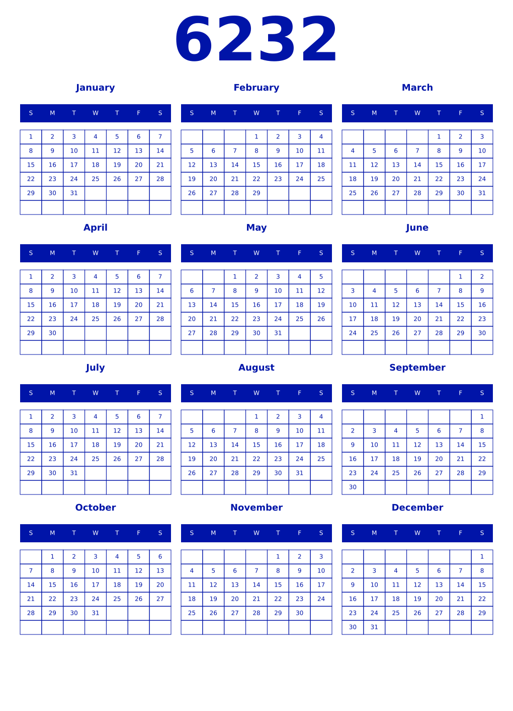 Printable 6232 Year Calendars zaffre