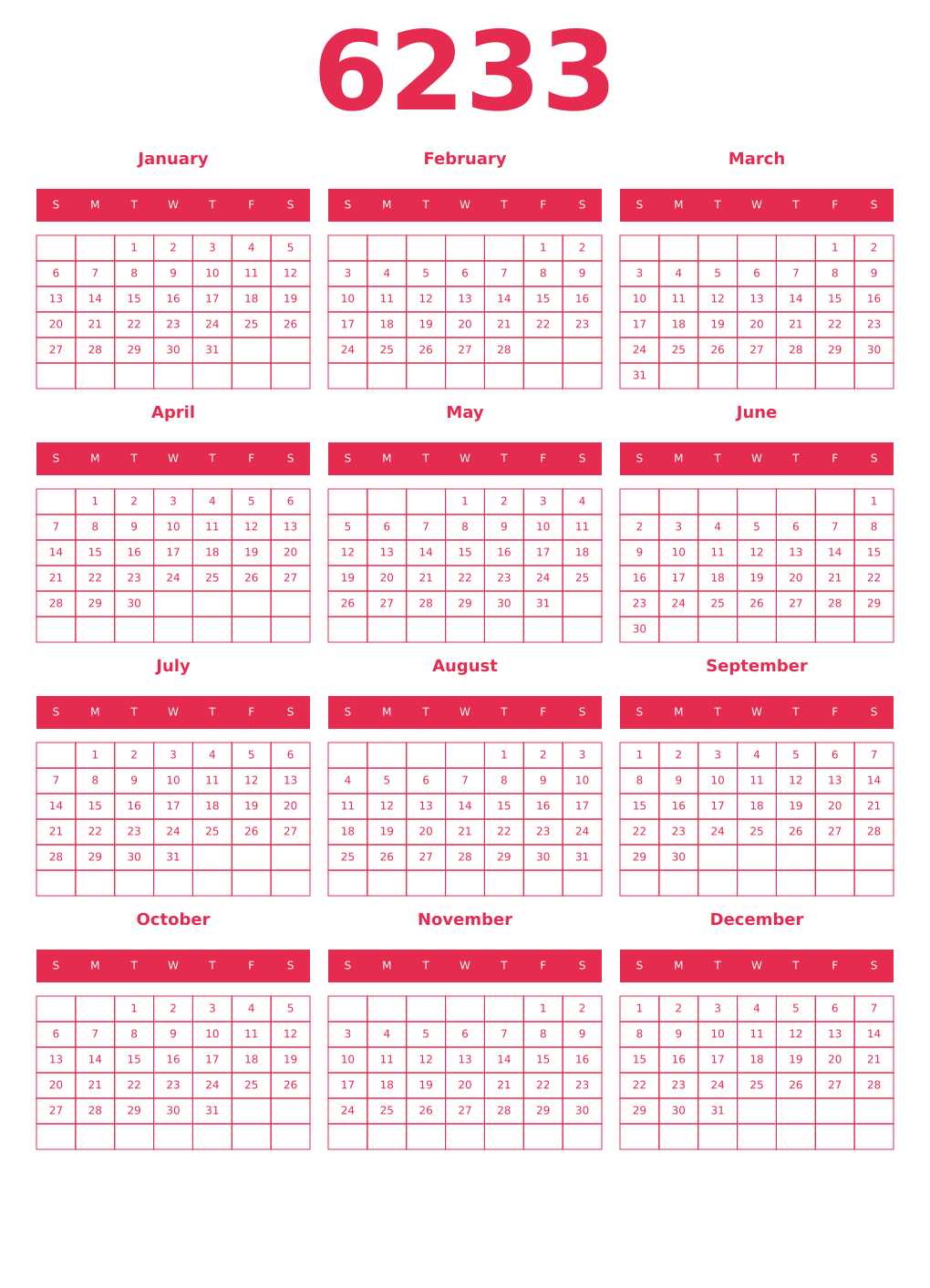 Printable 6233 Year Calendars amaranth