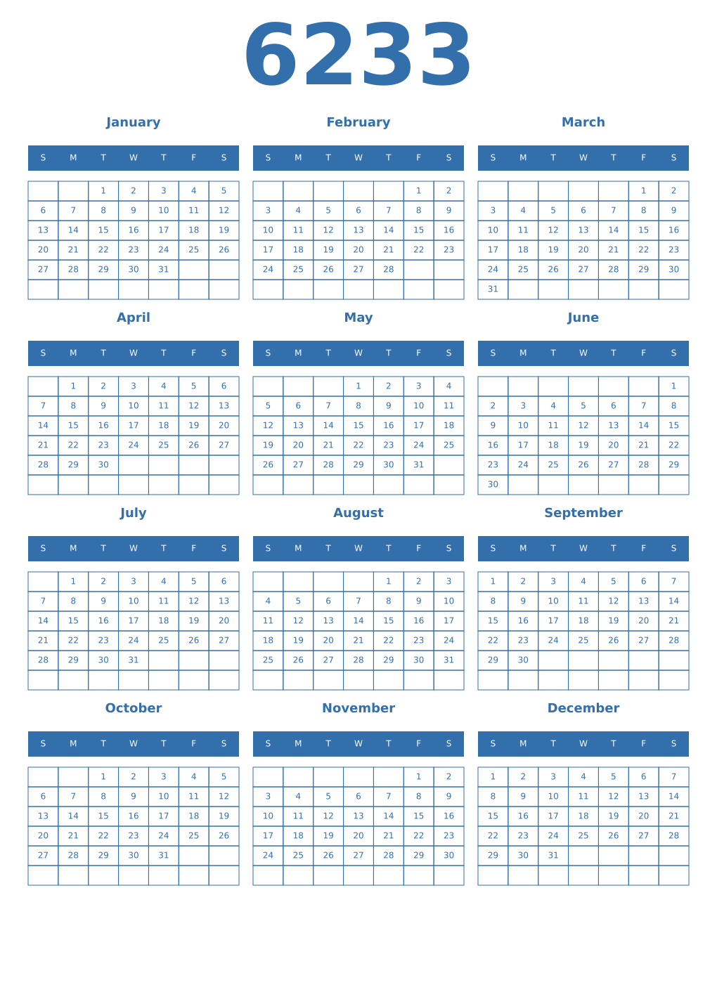 Printable 6233 Year Calendars blue