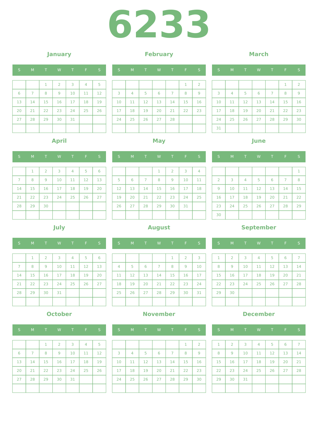 Printable 6233 Year Calendars celadon