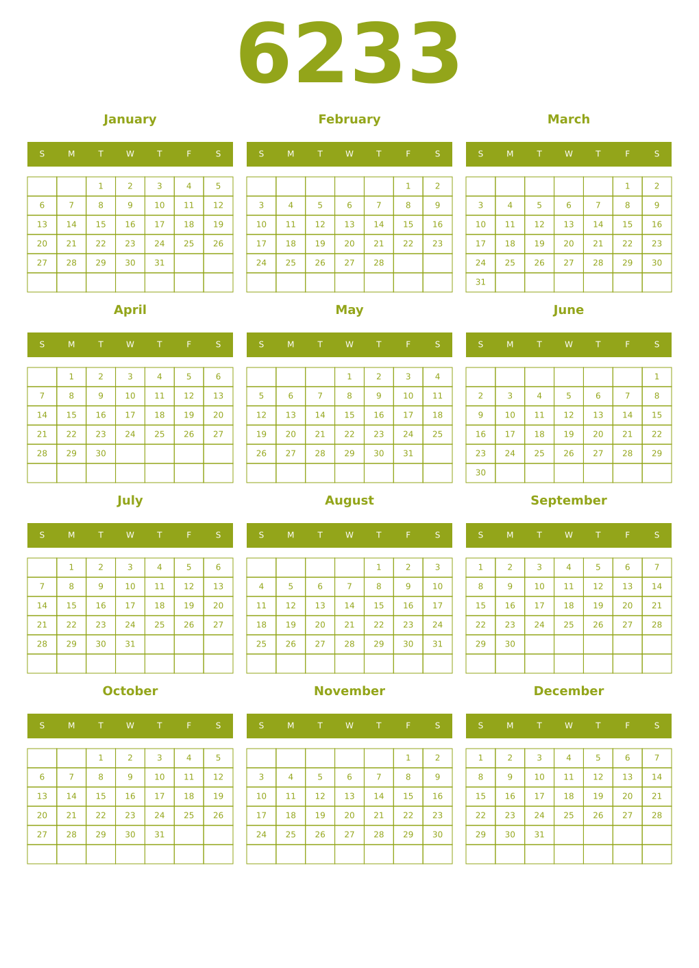 Printable 6233 Year Calendars chartreuse