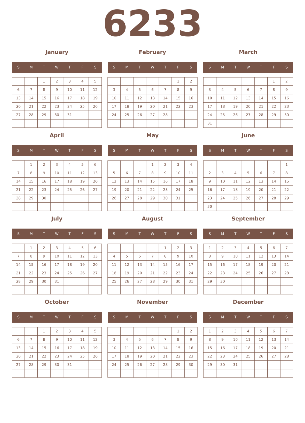 Printable 6233 Year Calendars coffe