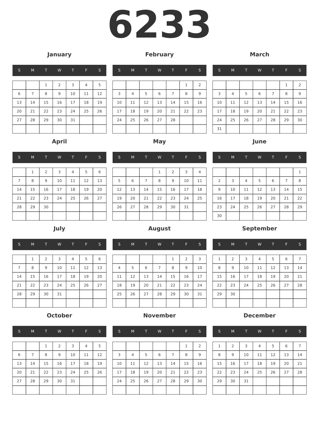Printable 6233 Year Calendars dark