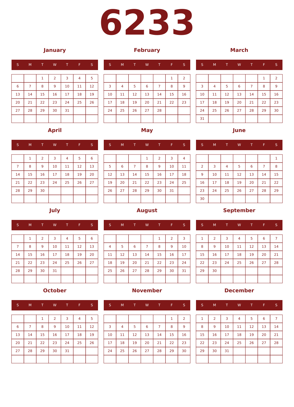 Printable 6233 Year Calendars falu