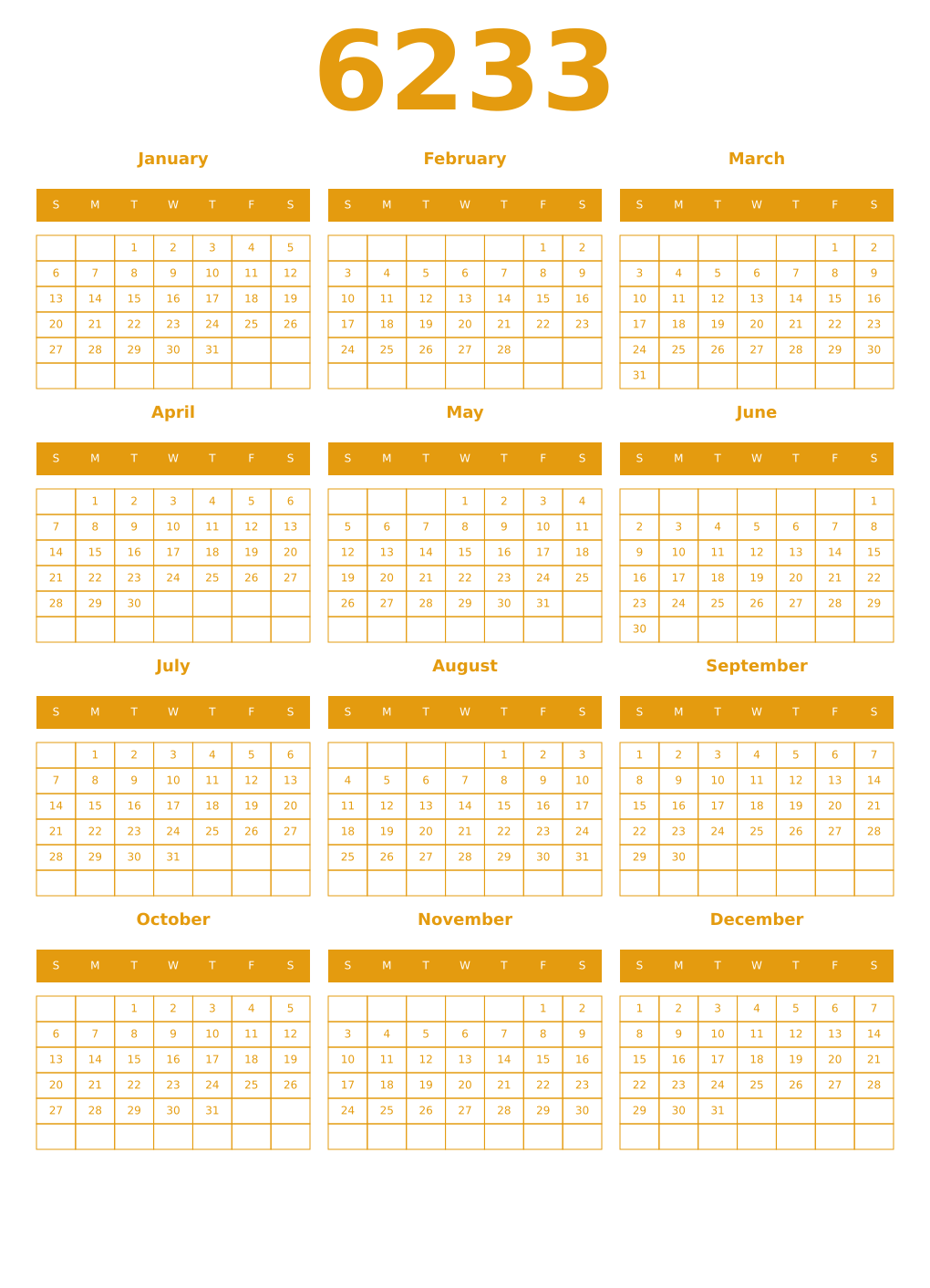 Printable 6233 Year Calendars gamboge