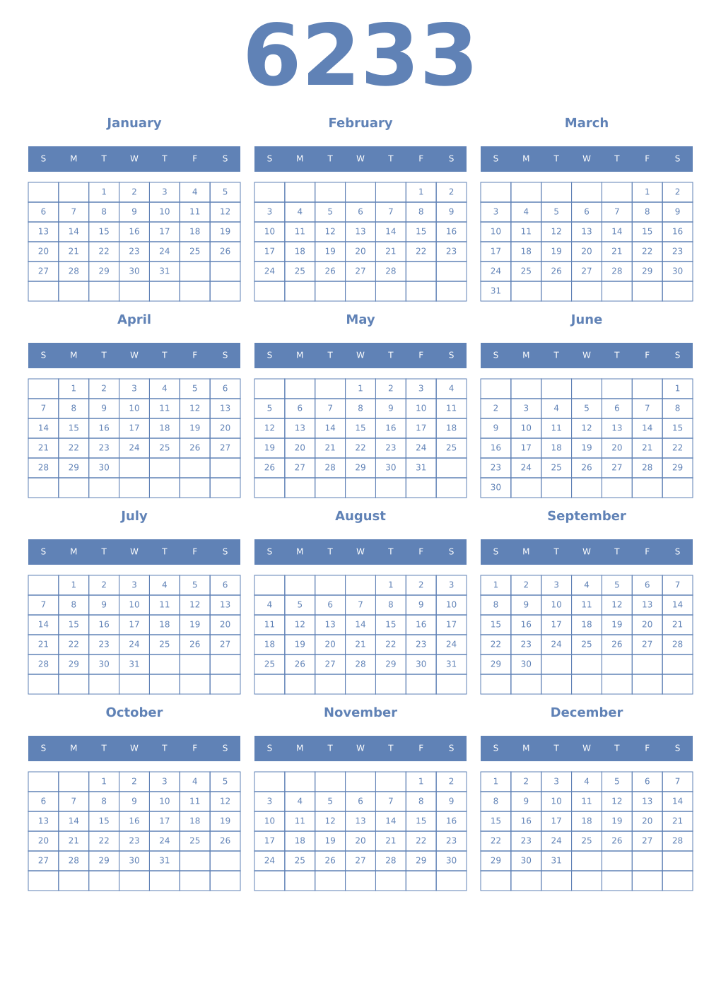 Printable 6233 Year Calendars glaucous