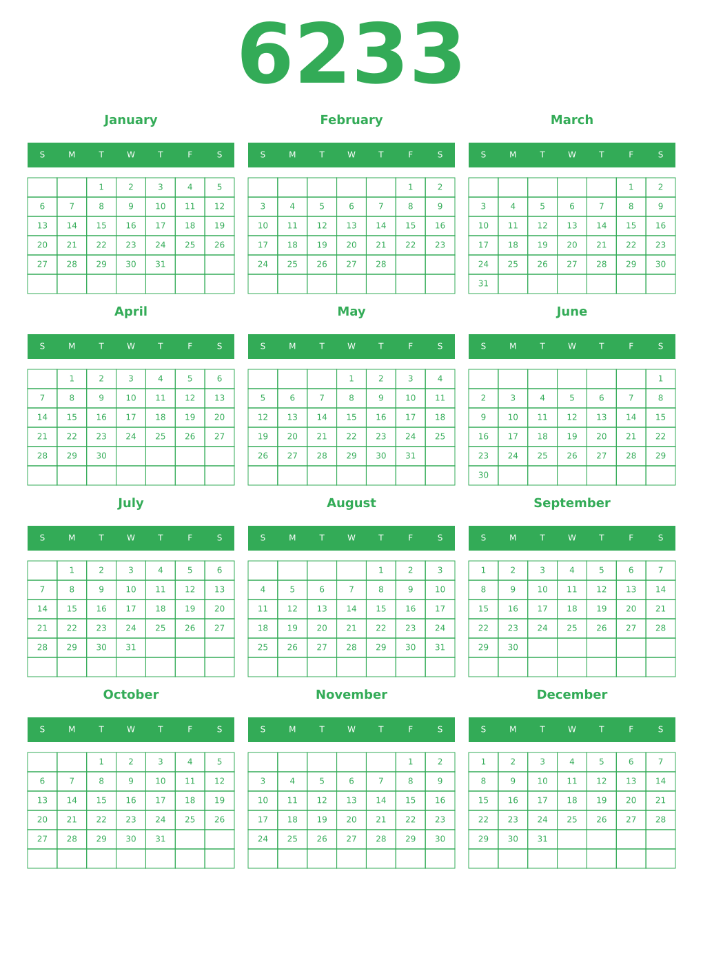 Printable 6233 Year Calendars green