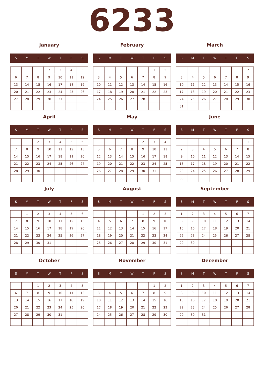 Printable 6233 Year Calendars mortuum