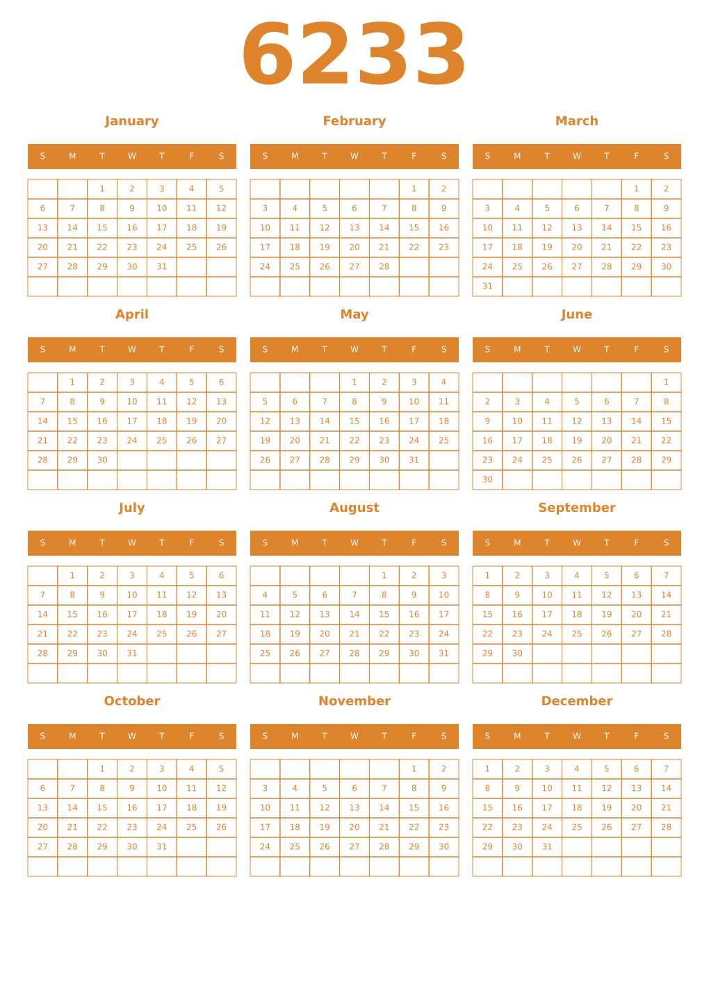 Printable 6233 Year Calendars orange