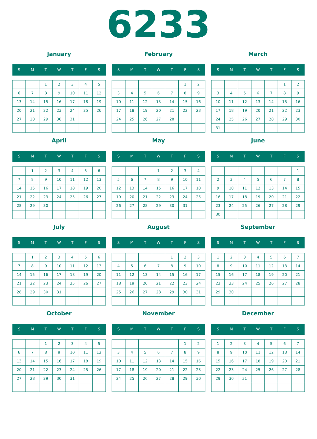 Printable 6233 Year Calendars pastel