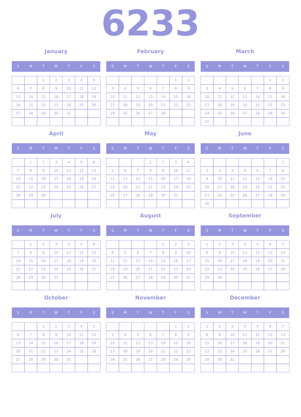 Printable 6233 Year Calendars periwinkle