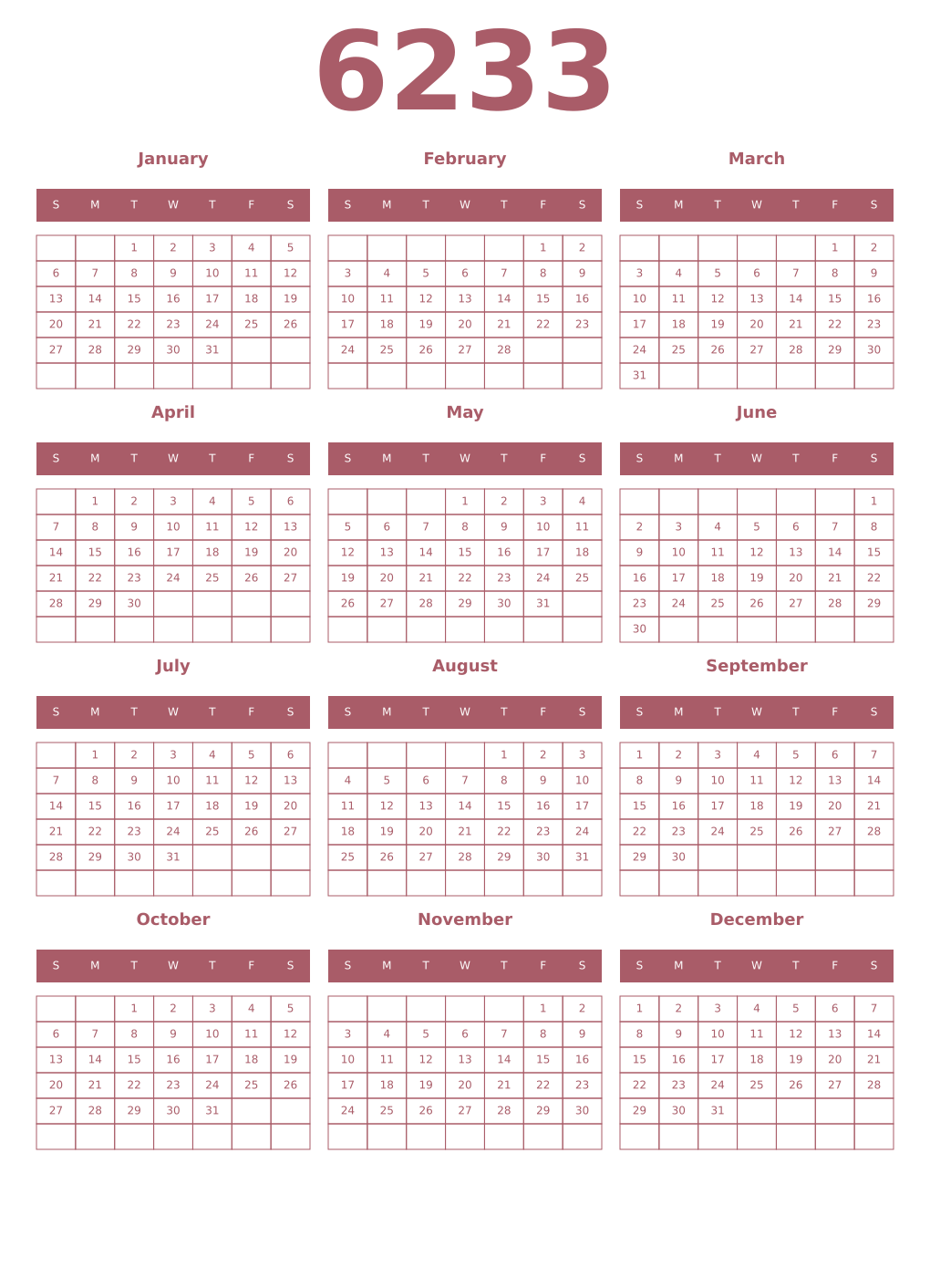 Printable 6233 Year Calendars puce