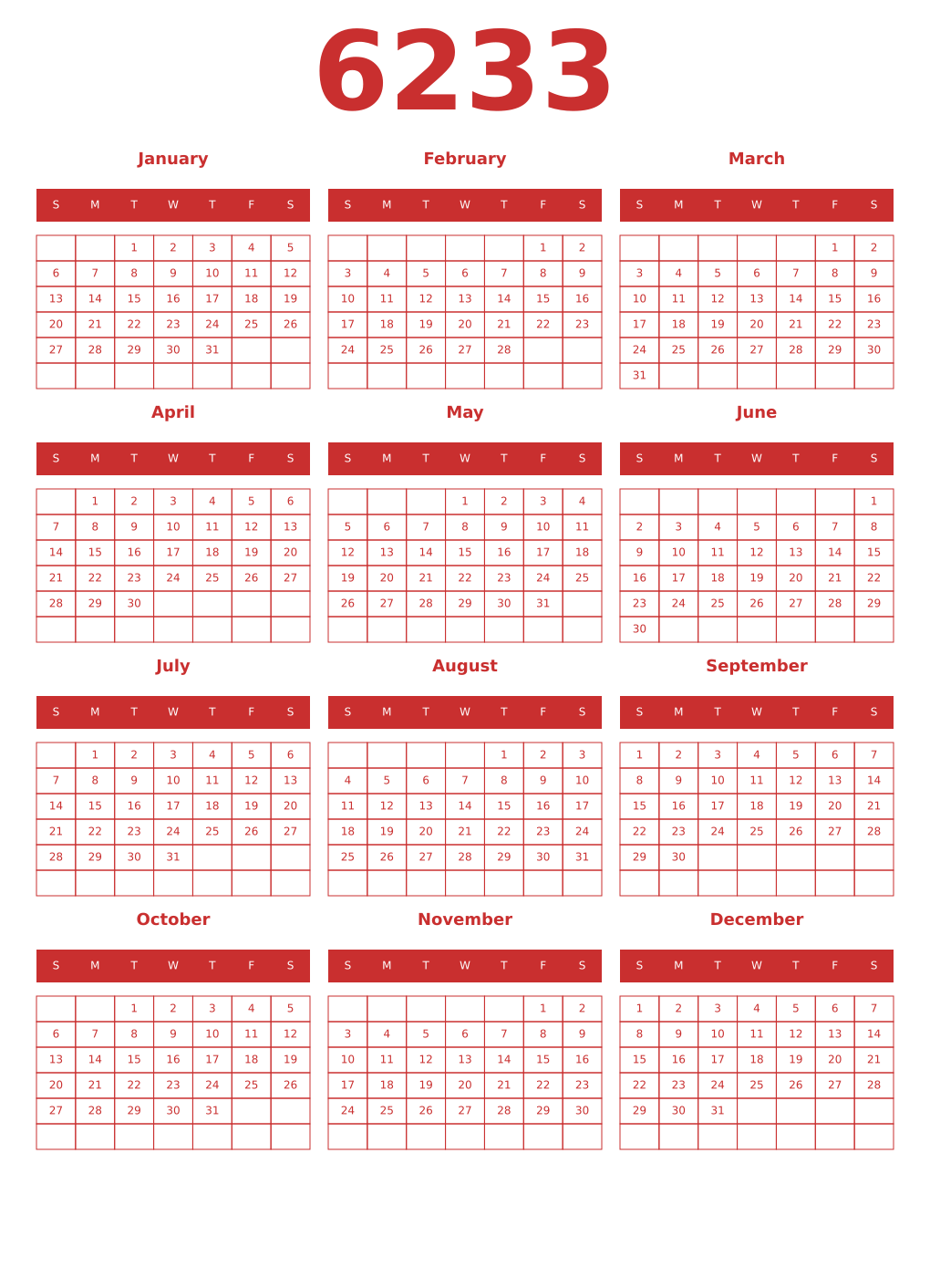 Printable 6233 Year Calendars red