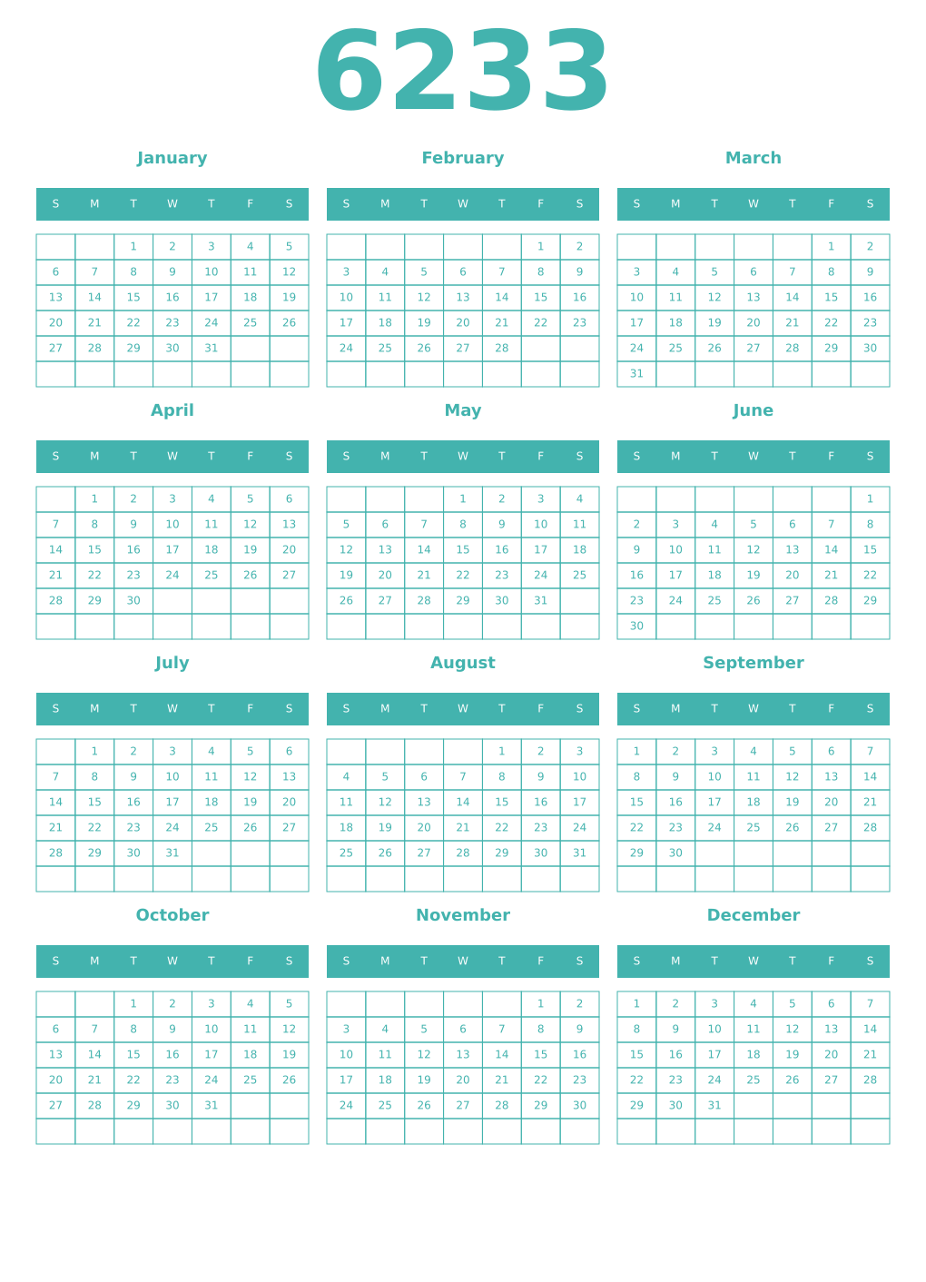 Printable 6233 Year Calendars verdigris