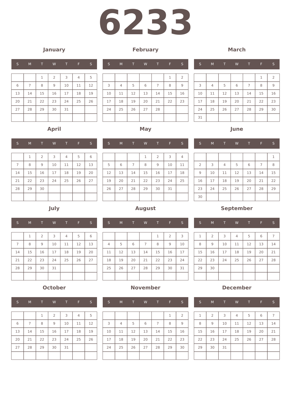 Printable 6233 Year Calendars wenge