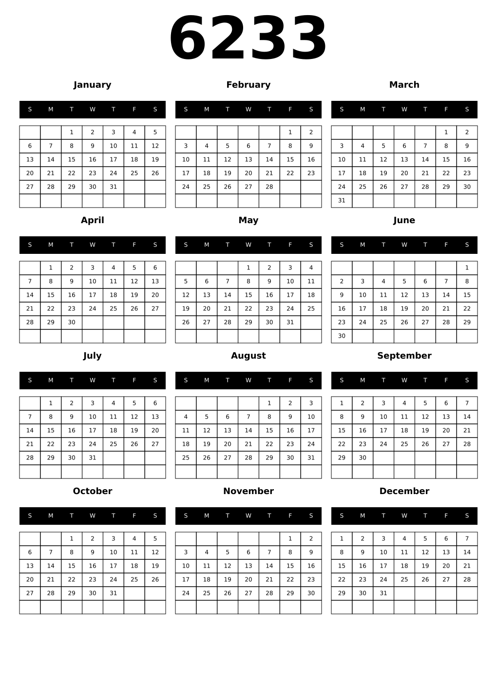 Printable 6233 Calendars