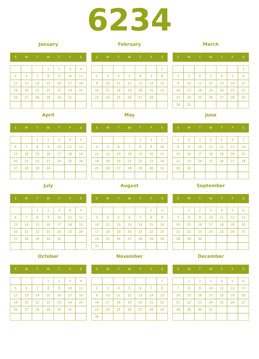 Printable 6234 Year Calendars chartreuse