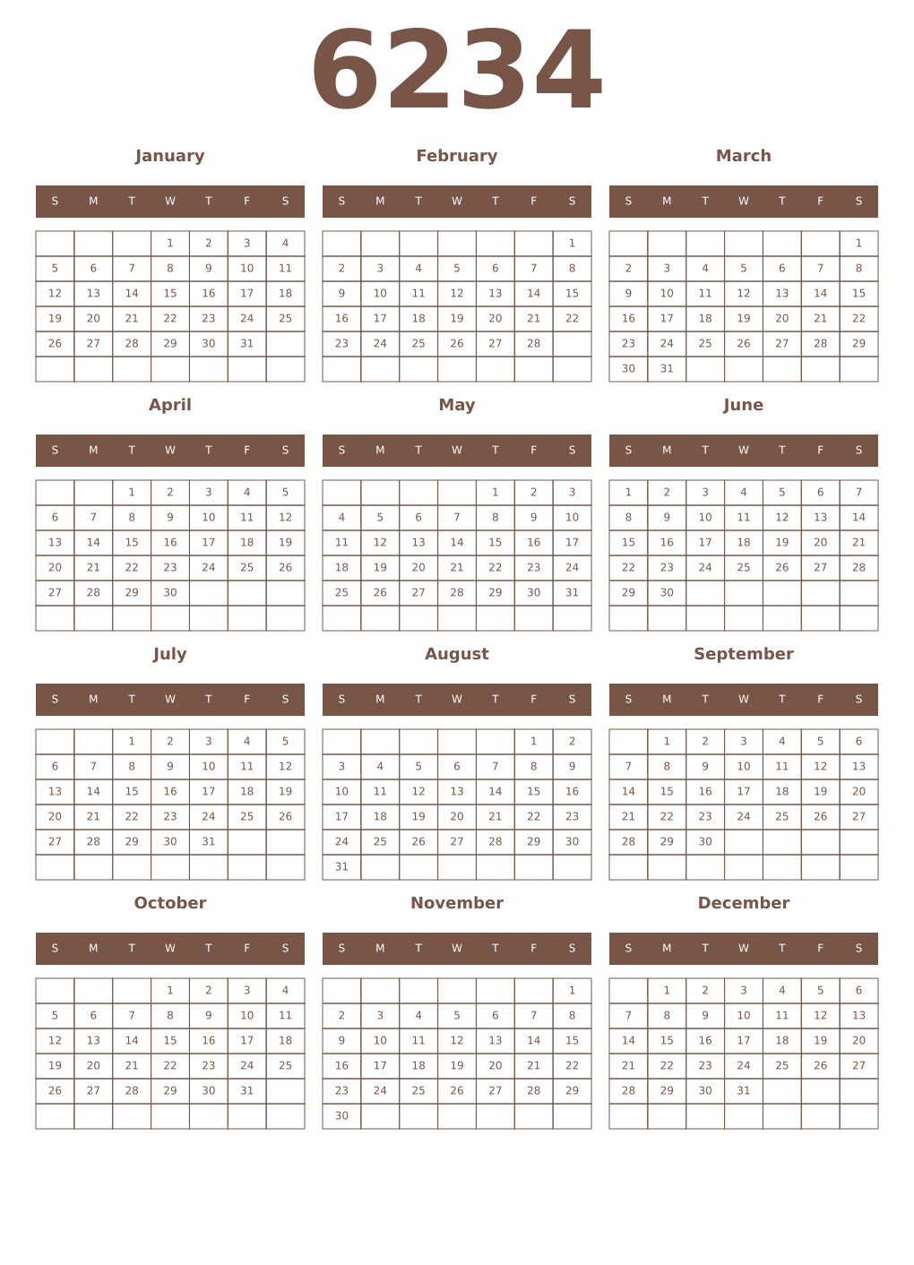 Printable 6234 Year Calendars coffe
