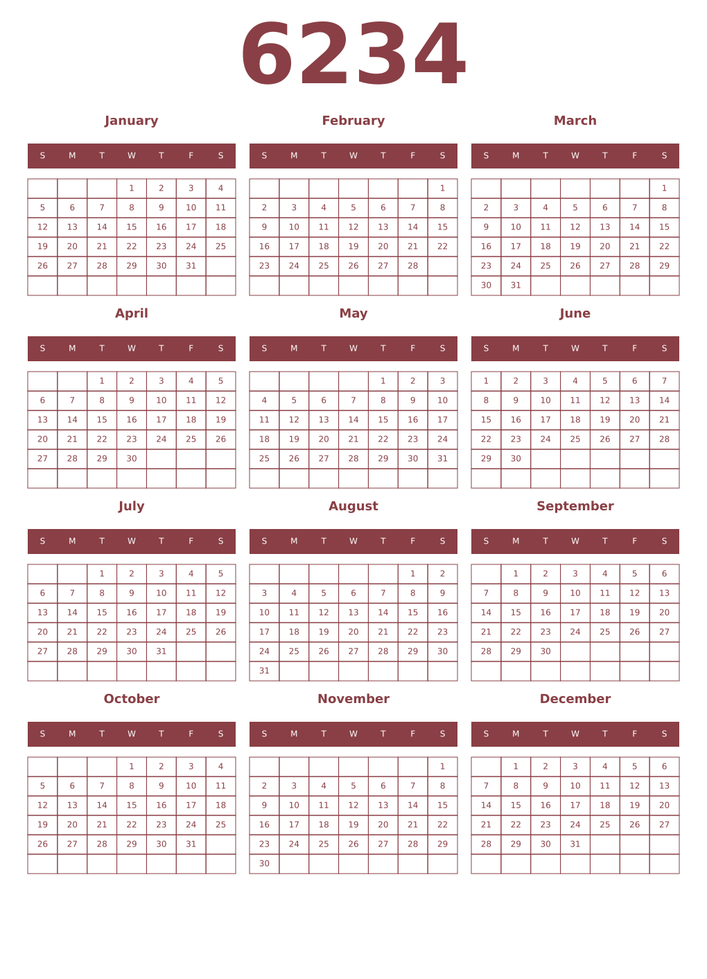 Printable 6234 Year Calendars cordovan