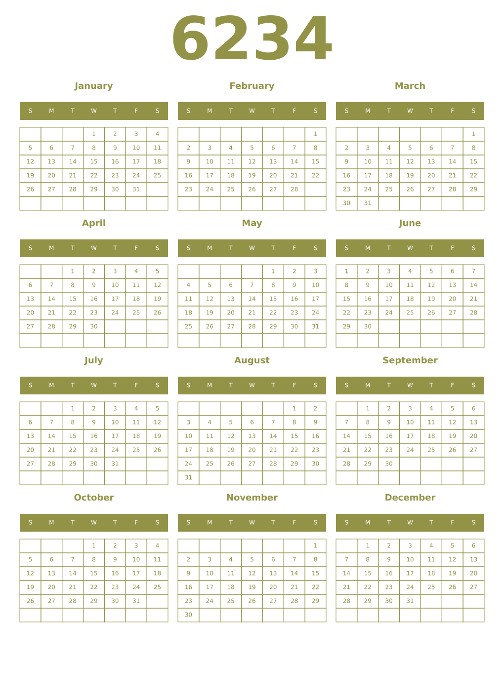 Printable 6234 Year Calendars eburnean