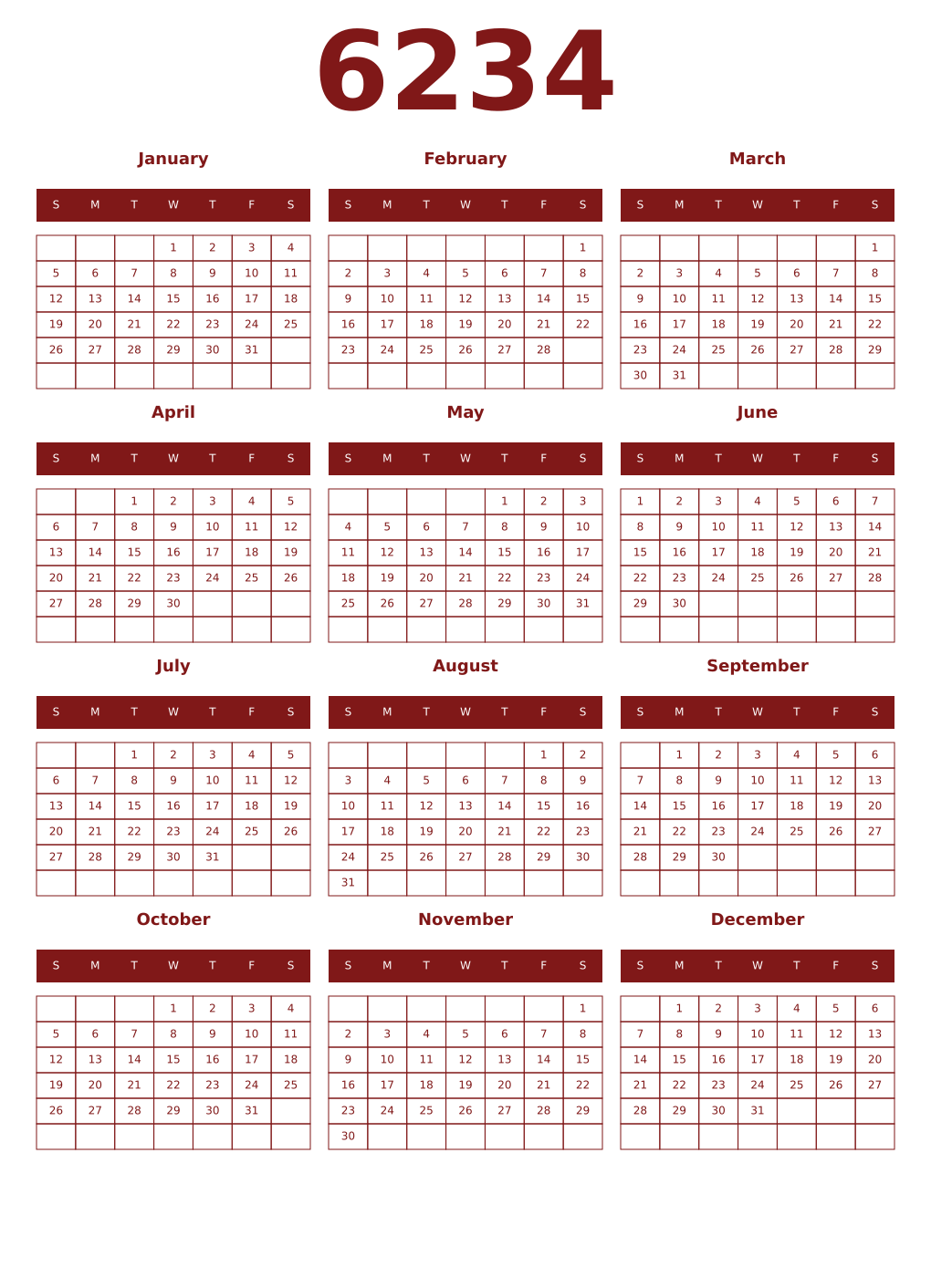 Printable 6234 Year Calendars falu