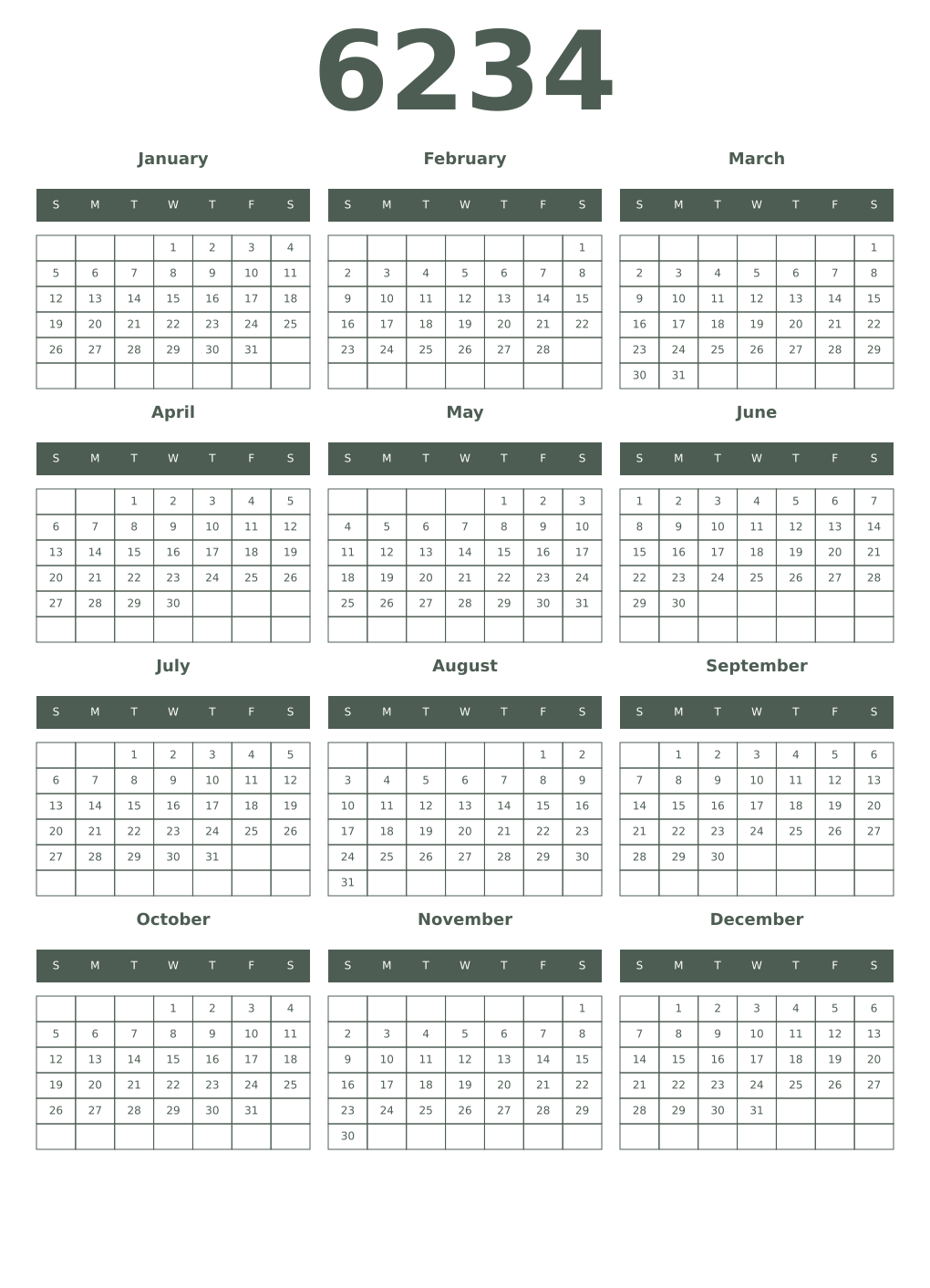 Printable 6234 Year Calendars feldgrau