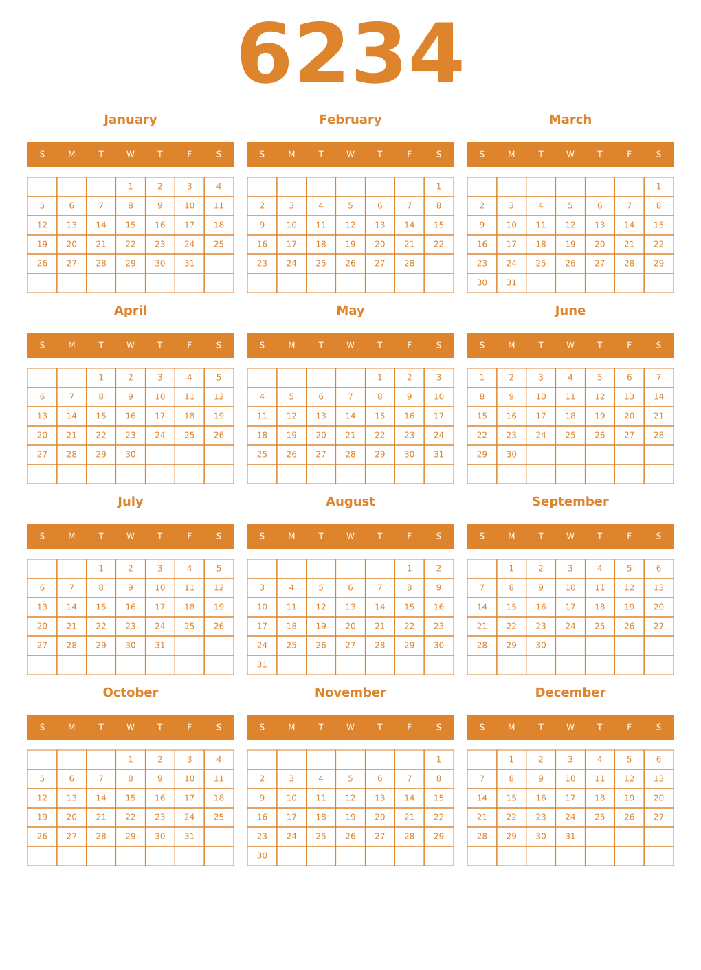 Printable 6234 Year Calendars orange